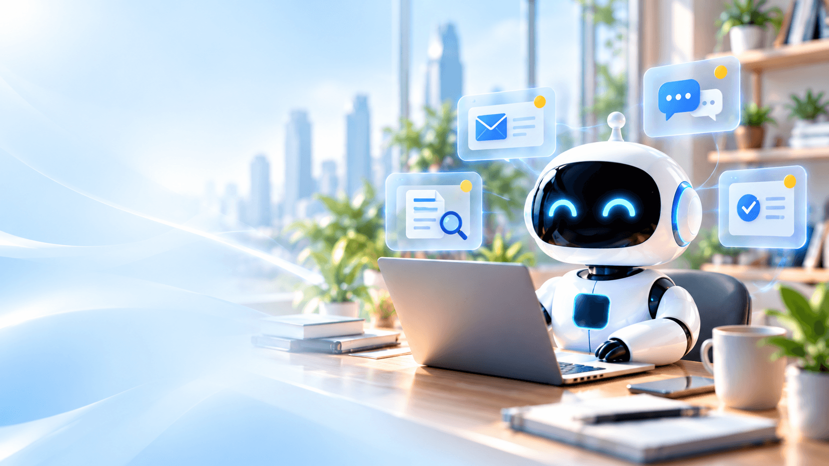 Robot AI bekerja di depan laptop